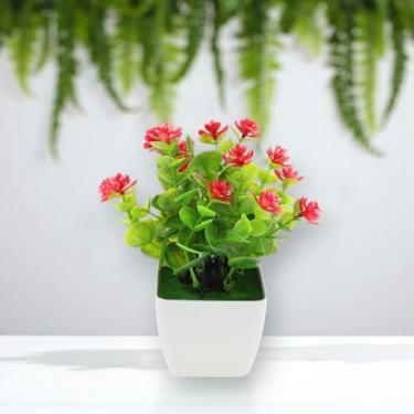 Imagem de Generic 1 peça de plantas artificiais realistas eucalipto e lótus arranjo artificial plástico vermelho 7,5 x 7,5 x 19 cm