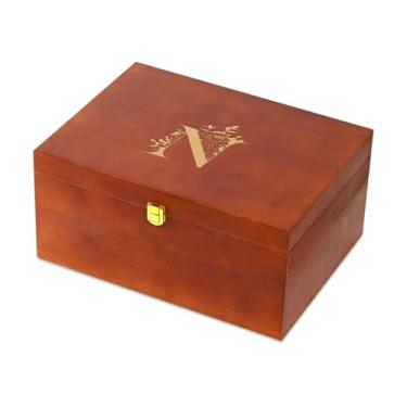 Imagem de InnoBeta Caixa de lembrança de presente personalizada, caixas de armazenamento de madeira, organizador decorativo com tampa para tesouro de memória, presentes iniciais para aniversário, Natal, N
