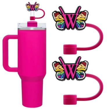 Imagem de Lindas capas de canudo com letra inicial para copos Stanley 20/30/1,134.0 g - tampas à prova de poeira de 10 mm/0,4 pol. - Protetor reutilizável para canudos de 9 a 10 mm, 2 peças