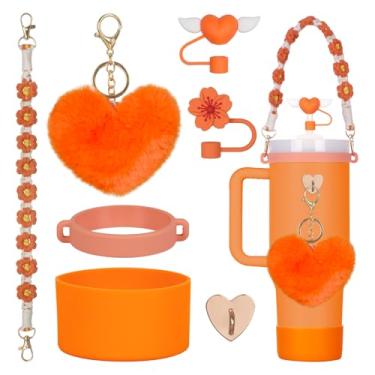 Imagem de Rabrgab Conjunto de 7 peças de acessórios para copo Stanley laranja com alça de alça, tampa de cobertura de palha de coração de amor/flor, bota de silicone, pingentes de coração de amor para copo de