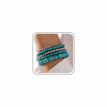 Imagem de Sttiafay Conjunto de pulseiras de contas turquesa azul boho turquesa elástica com strass pulseiras de tênis redondas com contas empilháveis pulseiras de bola multicamadas