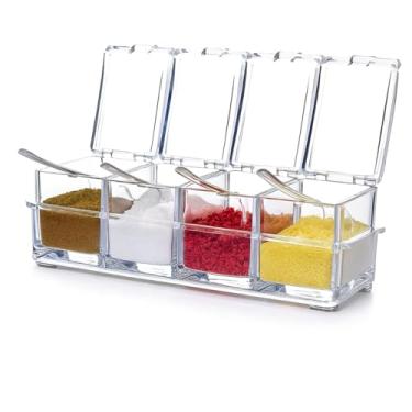 Imagem de Porta Temperos Acrílico Cristal Transparente com 4 Potes e Colheres Organizador de Condimentos Cozinha Moderna Prática e Elegante 220ml