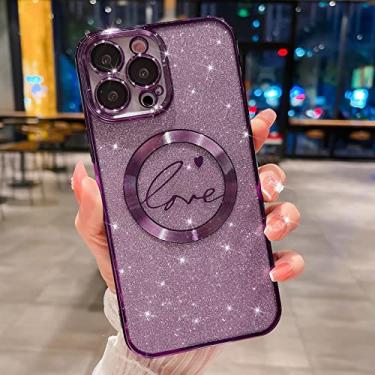 Imagem de MGQILING Capa magnética galvanizada com glitter para iPhone 12 Pro Max de 6,7 polegadas [carregamento sem fio] capa brilhante à prova de choque com antiamarelamento, estampa de coração de letra de