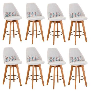 Imagem de Kit 08 Banquetas Alta Maya Giratória Com Encosto Gourmet Linho Bege e Almofada Mosaico - Aurora Line