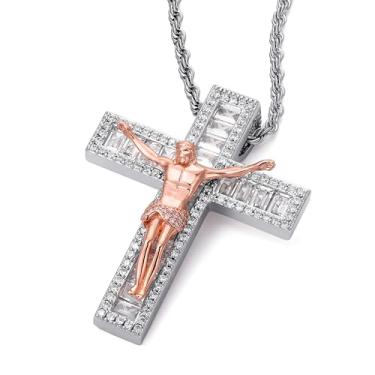 Imagem de ICEINX Colar com pingente de cruz dupla com mãos orando para homens e mulheres – crucifixo de moissanite de prata esterlina 925 com corrente fígaro de aço inoxidável de 61 cm, joia religiosa hip hop