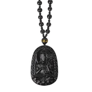 Imagem de Chiorgone Obsidian Guardian Buddha Mahasthamaprapta Amuleto – Colar de proteção Feng Shui para signo do zodíaco de cavalo, simbolizando sabedoria e clareza, ótimo presente para coragem e confiança.