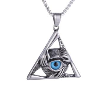 Imagem de Colar masculino com pingente de triângulo celta, olho da providência (olho que tudo vê, nebulosa de hélice), conjunto com contas de resina azul, aço inoxidável 316L, corrente quadrada de pérola de aço