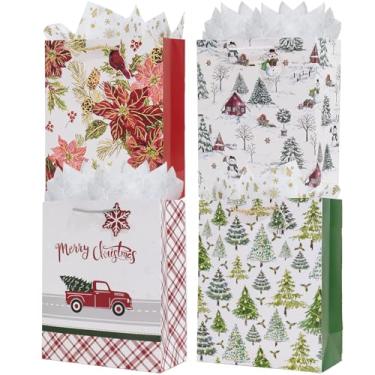 Imagem de Enfoldia Pacote com 4 sacos de presente de Natal médios de 23 cm com alças etiqueta de papel de seda dourado prata sacos de presente de presente de Natal para presente de Natal, presentes de casamento