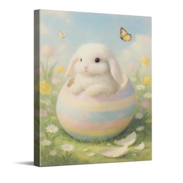 Imagem de CYFDYVT Impressão de arte de parede macia de coelho sonhador chocando de ovo Páscoa com flores de primavera e borboletas para decoração de casa sazonal, arte em tela 20 x 25 cm