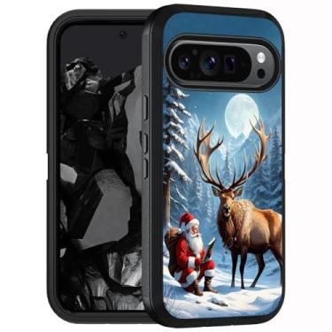 Imagem de FQTBCEARI Capa projetada para Google Pixel 10 Pro XL/Google Pixel 9 Pro XL, capa protetora para celular de 3 camadas à prova de choque à prova de choque, Papai Noel e alce