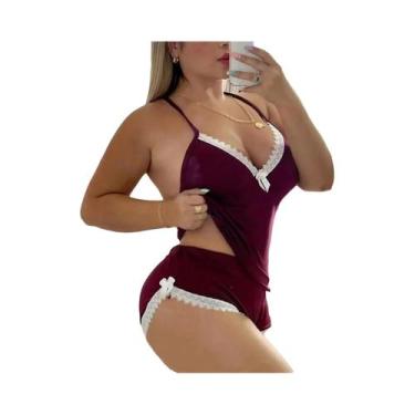 Imagem de Conjunto de pijama feminino com acabamento em renda  regata elástica e