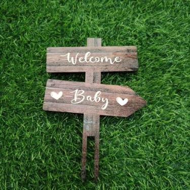 Imagem de Enfeite de bolo de madeira para bebê, anúncio de menino ou menina, decoração de bolo neutra para chá de bebê, decoração de festa de revelação de gênero