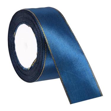 Imagem de PATIKIL Fita de cetim com borda dourada, fita de cetim de poliéster dupla face para embrulho de presente, buquês de flores, laços de cabelo, projetos de costura, azul marinho