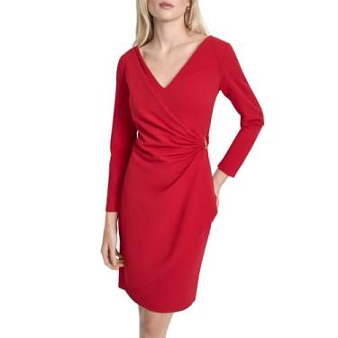 Imagem de DKNY Minivestido feminino de manga comprida com decote sobrepeliz em crepe sintético com metal duplo D, Escarlate, 36