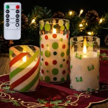 Imagem de Glooglitter 3 velas de vidro de Natal sem chamas com temporizadores remotos, castiçal de bolinhas vermelhas e verdes operadas por bateria, vela cintilante de LED para decoração de casa de festa de