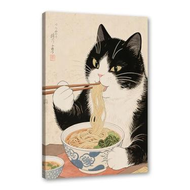 Imagem de Arte de parede em tela de gato preto engraçado vintage japonês gato comendo ramen imagem única amante de gatos para decoração de parede de cozinha e sala de jantar (SKU2,20,3x30,5 cm = (20 x 30 cm