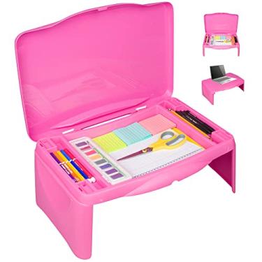 Imagem de Pink Folding Lap Desk - Foldable Table for Work, Study, Gaming, Arts, Crafts, School - Collapsible Laptop Tray with Storage Compartment - Portable Writing Station for Kids, Adults