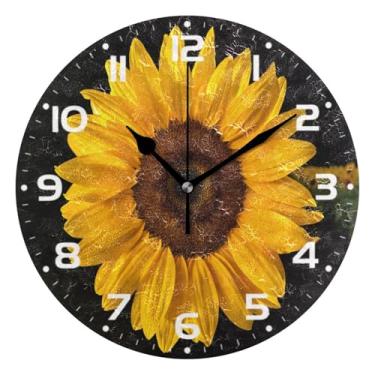 Imagem de JUZIHAI Relógio de parede de girassol silencioso, sem tique-taque, relógios de parede redondos operados por bateria, fácil de ler, relógio decorativo de parede para casa, cozinha, sala de estar