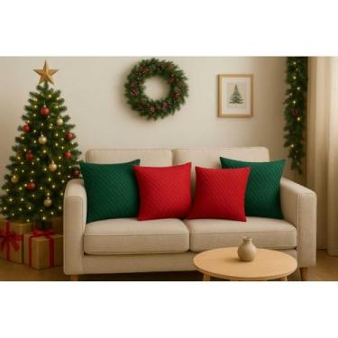 Imagem de Kit 2 Capas de Almofada Natalina 45x45cm em Suede Aveludado com Zíper - Sem Enchimento Decoração Natal (1Verde/1Vermelha)