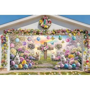 Imagem de Xiaoput Decorações de porta de garagem de Páscoa grande primavera conto de fadas jardim coelho cruz flor festa de Páscoa fundo para exterior interior pendurado suprimentos de festa 40,6 x 1,8 m
