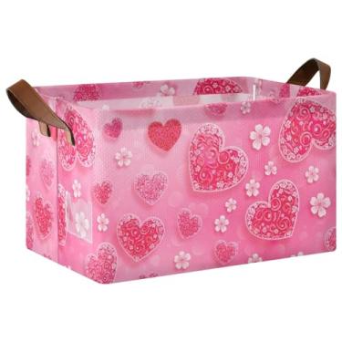 Imagem de Grandes caixas de armazenamento decorativas com alças, 43 x 29 x 25 cm, cestas organizadoras, corações vermelhos, rosa, flores, organizadores de armário e armazenamento, pacote com 2