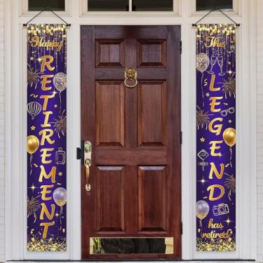 Imagem de Aperturee Faixa de varanda Happy Retirement 30,5 x 182,88 cm, tema de aposentadoria, faixa pendurada, placa de porta, material de decoração de festa de aposentadoria The Legend Has Retired Purple