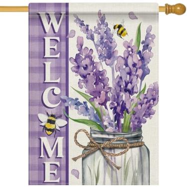 Imagem de Dyrenson Bem-vindo primavera verão flor lavanda 71 x 101 bandeira de casa dupla face, frasco de pedreiro floral roxo decoração de jardim de abelha, decoração de jardim de abelha, manta de serapilheira