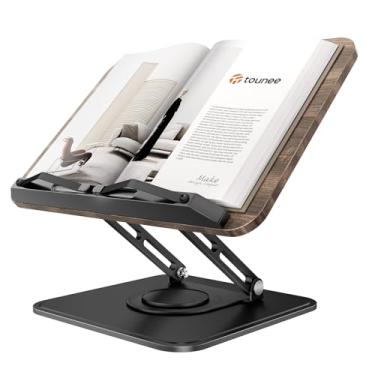 Imagem de Tounee Suporte de livro para leitura, suporte de livro ajustável com base giratória de 360°, suporte de livro de receitas com clipes elásticos de página para partituras de música, receita, tablet