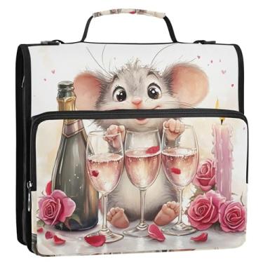 Imagem de Fichários de 3,8 cm, 3 anéis, resistente, engraçado, mouse, champanhe, fofo, com zíper, bolsa organizadora para fichário com alça para armazenamento de tecido escolar com alça