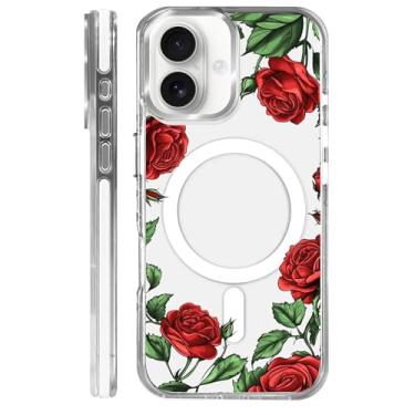 Imagem de MQJCYB Capa magnética para iPhone 16 Plus com design em base transparente, compatível com MagSafe, capa protetora fina de TPU macio para celular feminina e meninas - vermelho rosa flor feminina