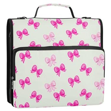 Imagem de Pink Bows Organizador de fichários pastel com zíper de 3,8 cm, 3 anéis, bolsa para fichários escolares resistentes com alça de ombro, estojo de armazenamento com alça de ombro com alça