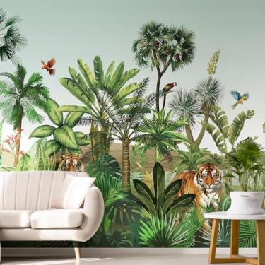 Imagem de Papel de parede Safari Peel and Stick Tropical Forest Wall Murals 375.9 cm L x 248.9 cm H Berçário animal tigre guepardo pássaros Contect papel 3D natureza selva mural papel de parede arte decoração