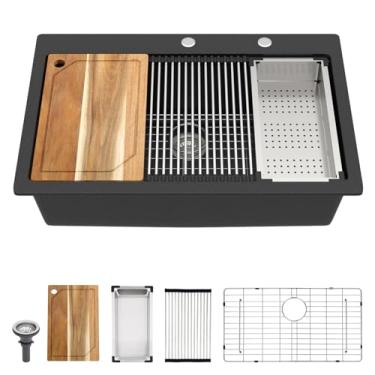 Imagem de Talllor Pia de cozinha composta de granito de 83 polegadas - Pia de cozinha de granito preto fosco, estação de trabalho All-In One Classic Quartz Top Mount Pias de tigela única para cozinha moderna