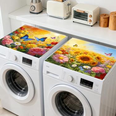 Imagem de GLOBLELAND 2 peças de capa protetora para máquina de lavar e secar borboletas 60 × 23 cm, protetores superiores para máquina de lavar, cachos de flores, antiderrapante, capas superiores de máquina de