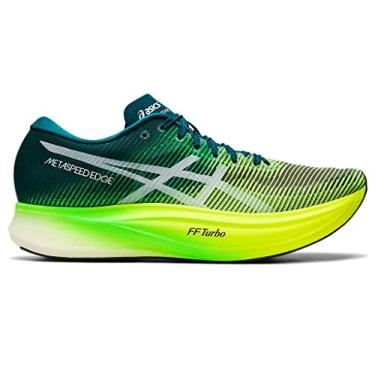 Imagem de ASICS Tênis de corrida unissex METASPEED Edge+, Pinho veludo/amarelo de segurança, 13.5 Wide Women/12 Men