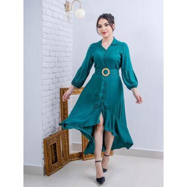 Imagem de Vestido Mullet Longo Chemise com Cinto Faixa e Manga 7/8 - Fashion, Az