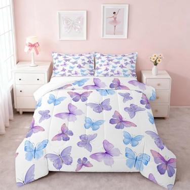 Imagem de Feelyou Conjunto de edredom solteiro com borboleta, azul, roxo, para crianças, adolescentes, elegante, borboletas, decoração de quarto, 2 peças com 1 fronha