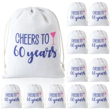 Imagem de Locmeo 12 peças de lembrancinhas de festa Cheers to 60 Years 15 x 20 cm, bolsa de presente de aniversário de 60 anos, bolsa de aniagem com cordão, impressão de linho, sacos de aniversário de 60 anos a