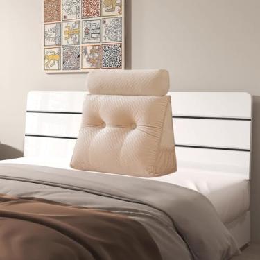 Imagem de Almofada triangular de veludo para cabeceira de cabeça, capa removível, cama de beliche, suporte de posicionamento do encosto, descanso de leitura relaxante (bege com almofada de rolo, pequeno (61 x