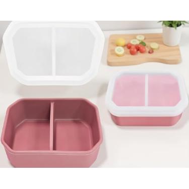 Imagem de Caixa Bento de silicone à prova de vazamento com 2 compartimentos, reutilizável e portátil, armazenamento de alimentos com tampa, seguro para micro-ondas e freezer, rosa