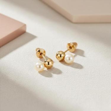 Imagem de Brinco Infantil Ouro 18k Gêmeos Bolinha com Pérola Natural 3mm - no-br