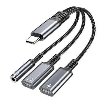 Imagem de Adaptador de fone de ouvido e carregador USB-C 3 em 1 para 3,5 mm, divisor de porta dupla com carregamento rápido PD e conector de áudio auxiliar, compatível com iPhone 15/16/17, iPad, Samsung