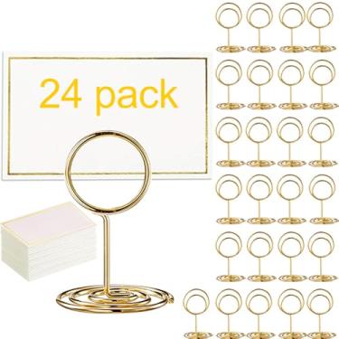 Imagem de Toncoo Pacote com 24 suportes de números de mesa premium e 24 cartões de mesa com borda dourada, suporte de cartão de visita, suporte de placa de mesa, porta-cartões de nome de mesa de casamento (dourado)