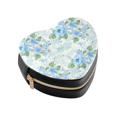Imagem de Burbuja Caixa de joias em forma de coração com flores azuis, mini estojo de viagem para mulheres e meninas, organizador portátil de armazenamento para brincos, anéis, colares e pulseiras