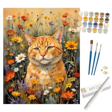 Imagem de Kit de pintura animal por números para adultos - Gato malhado laranja DIY em pintura de campo de flores silvestres em tela enrolada 40 x 50 cm, conjunto de tinta acrílica, adequado para iniciantes