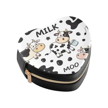 Imagem de Burbuja Caixa de joias em forma de coração com estampa de vaca mini estojo de joias de viagem para mulheres e meninas, estojo portátil organizador de armazenamento para brincos, anéis, colares e