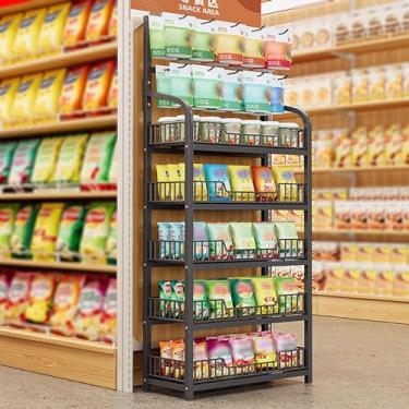 Imagem de Prateleiras de exibição de varejo para lanche doce/batata frita, prateleira de armazenamento de arame de farmácia de supermercado, prateleiras comerciais altas com gancho (cor: 5 camadas preto