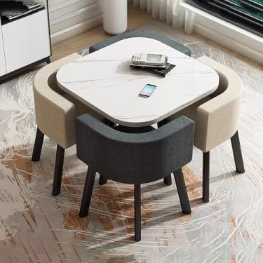 Imagem de Conjunto de mesa e cadeira de escritório de algodão e linho, conjunto de mesa de jantar quadrada com cadeiras, conjunto de combinação de mesa de sala de estar e cadeira, com 1 mesa e 4 cadeiras, para