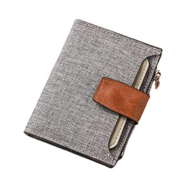 Imagem de Carteira curta masculina de lona - organizador de 16 compartimentos para cartão com bolso com zíper, durável, 12 x 10 cm (preto, azul, cinza), Cinza, Retrô