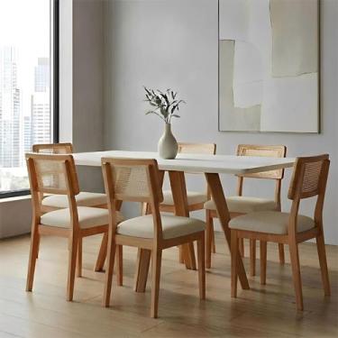 Imagem de Mesa de Jantar 1,60m Tampo de Vidro e Madeira Natural com 6 Cadeiras D